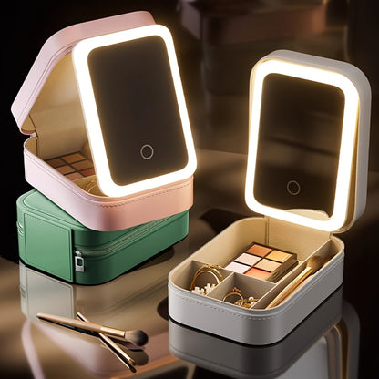 1pc Large Capacity Travel Makeup Case with LED Light and Built-in Mirror - Foldable, Dresser Mount, Glass Surface, Powder Coated Finish, USB Charging, 1000mAh Battery - Durable Cosmetic Storage Box for On-the-Go Beauty, Ideal