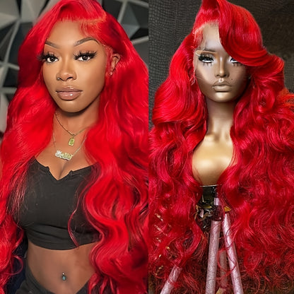 [Bright Red Lace Front Wig] 28" Bright Red Glueless Lace Front Wig | Natural Looking Body Wave Human-like Hairpiece with 13x4 HD Transparent Lace Frontal, Pre-Pucked Hairstline, 200% Density for Women, Everyday & Special Even