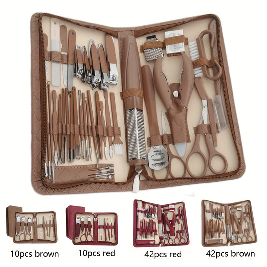 10/42pcs Set New Zipper Leather Bag Stainless Steel Manicure Set, Manicure Nails, Toenails And Eyebrows, Men'S/Women'S Beauty Care Tools, Nail Trimming Tools