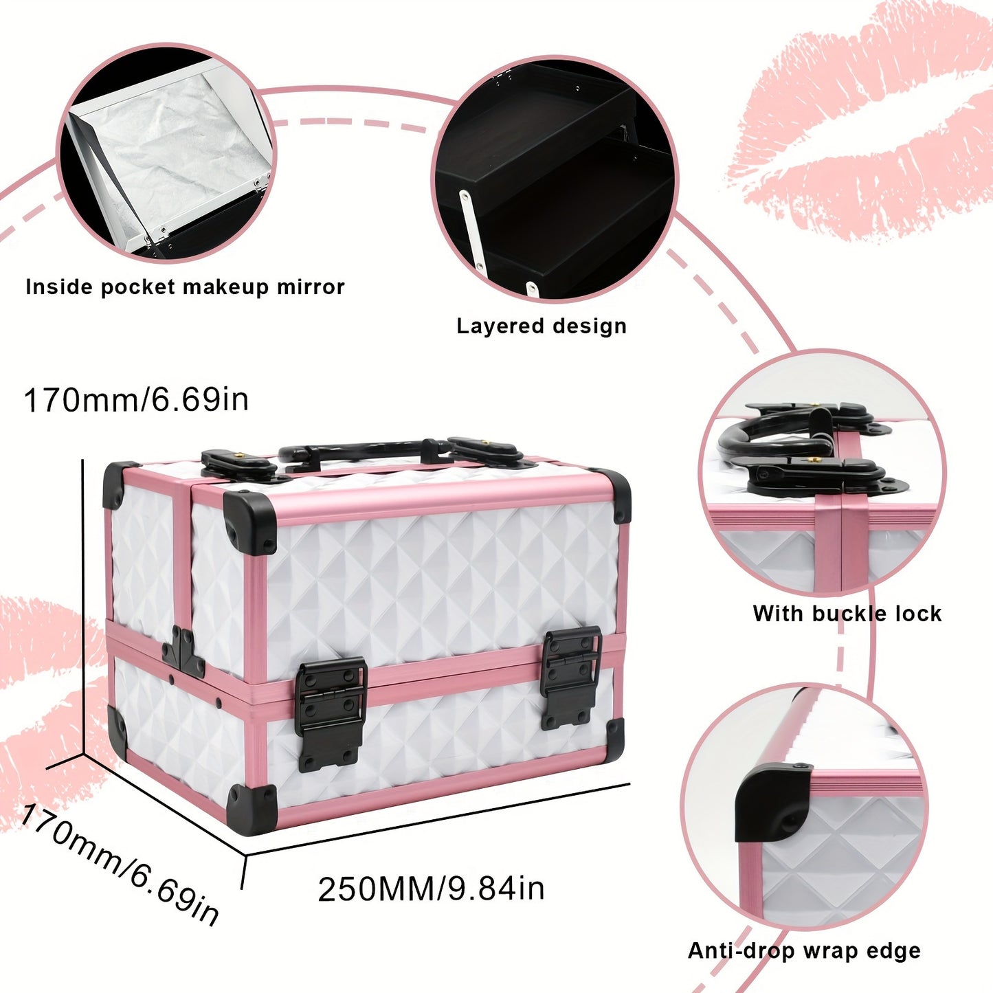1pcs Aluminum Alloy Train Case Professional Portable Makeup Box with Handle, Unisex-adult Metal Cosmetic Organizer with Lock, Non-Waterproof Large Storage Travel Case for Makeup Artist, Beauty Accessories, Unscented - Pink Wh