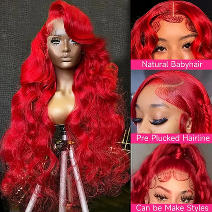 [Bright Red Lace Front Wig] 28" Bright Red Glueless Lace Front Wig | Natural Looking Body Wave Human-like Hairpiece with 13x4 HD Transparent Lace Frontal, Pre-Pucked Hairstline, 200% Density for Women, Everyday & Special Even