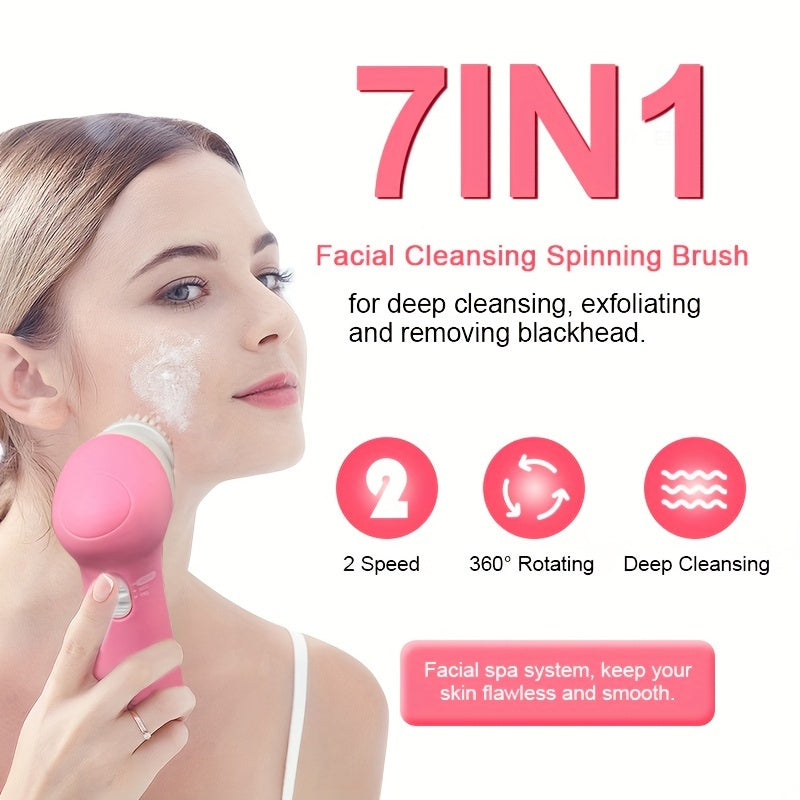 JUMPERKITS 7-in-1 Electric Facial Cleanser & Massager - Multi-Headed Light Beige Scrubber with Vibration, Pore Cleaning, and Curling Brushes, 36V Safe for Face & Body, Portable Skincare Tool for Deep Cleansing & Beauty, Facia