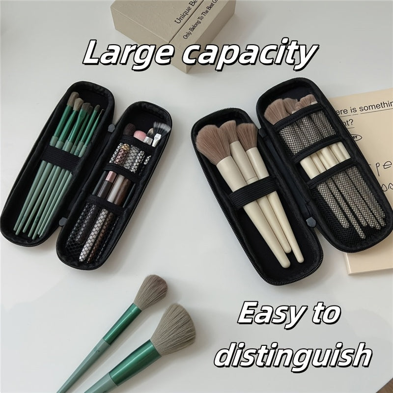 Large Capacity Travel Makeup Brush Organizer Bag - Waterproof PU, Dust-Proof Storage for Eye Shadow & Beauty Tools, Black, Easy to Clean, Portable Design with Multiple Compartments