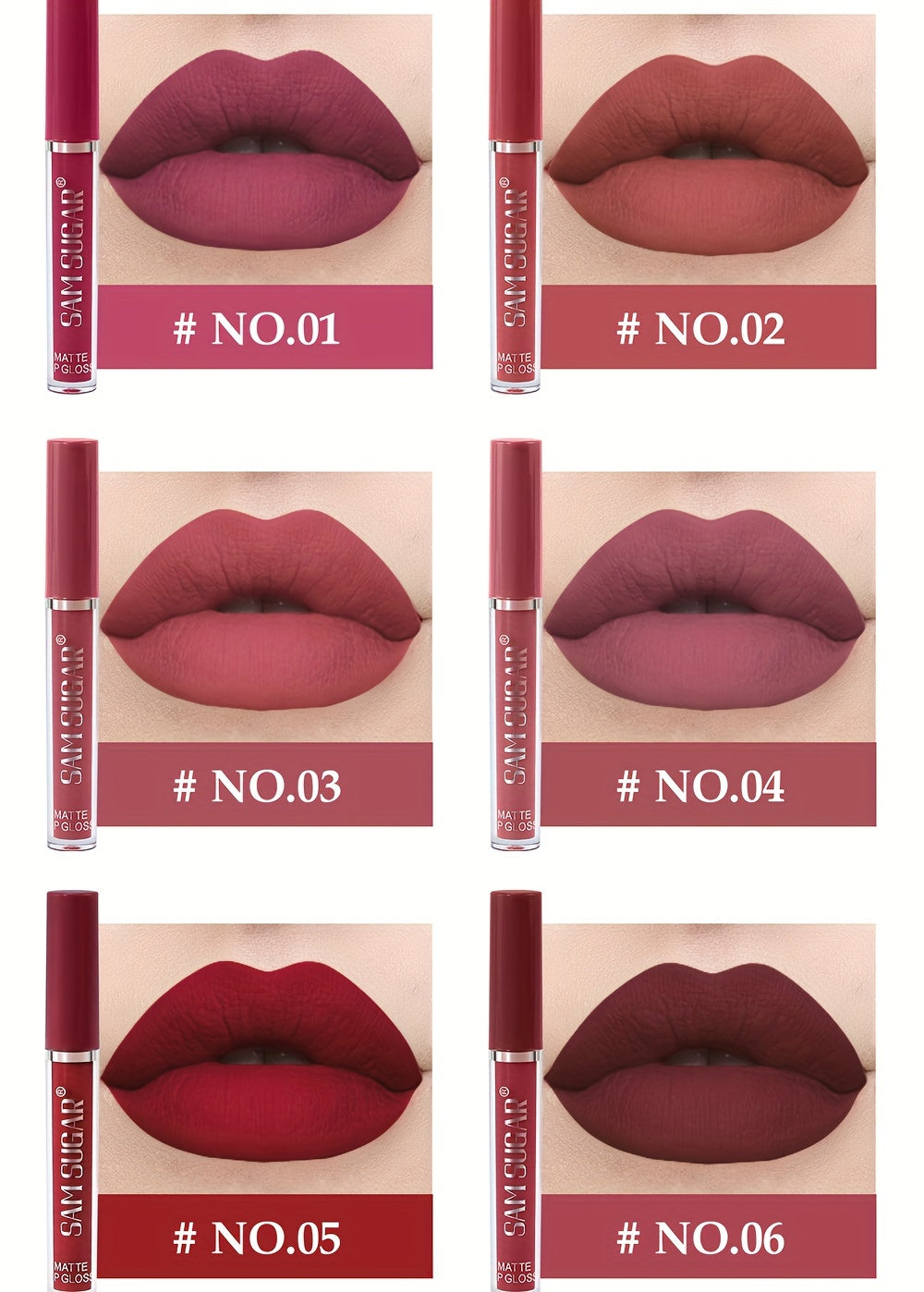 SAM SUGAR Matte Liquid Lipstick Set - Waterproof, Non-Stick Cup Long Lasting Lip Gloss Collection, 6 Shades of Orange, Pink, Red & Skin Tones - Perfect Gift for Mother's Day, Valentine's Day, Women's Beauty Essentials
