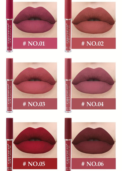 SAM SUGAR Matte Liquid Lipstick Set - Waterproof, Non-Stick Cup Long Lasting Lip Gloss Collection, 6 Shades of Orange, Pink, Red & Skin Tones - Perfect Gift for Mother's Day, Valentine's Day, Women's Beauty Essentials