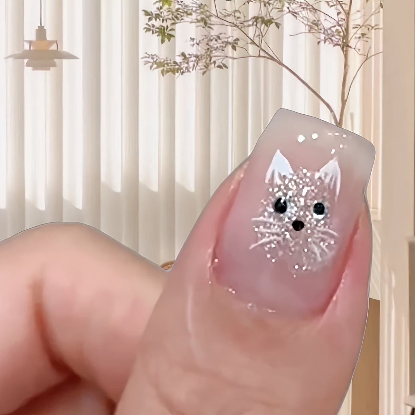 30pcs Glossy Cat Eye Press-On Nails - Cute Cat Face Design with Sparkling Accents, Short Ballet Shape Fake Nails for Hands & Feet, Pink Glossy Reusable Nail Art Stickers, Quick Beauty Fix