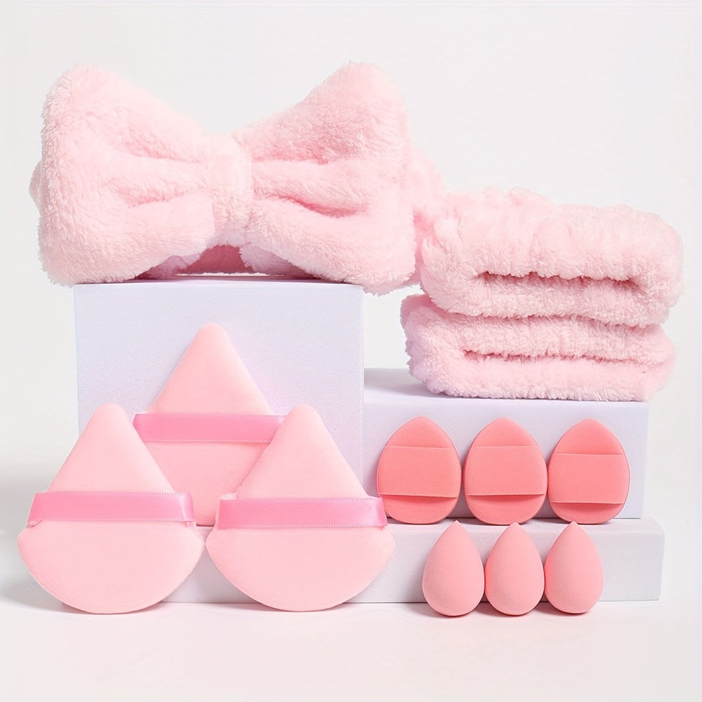 12pcs hair tie set. 1 bow hair tie & 2 wrist bands & 3 mini makeup sponges & 3 triangular loose powder puffs & 3 finger-shaped mini air cushion powder puffs. Foundation mixed beauty sponge, liquid, cream and powder flawless,