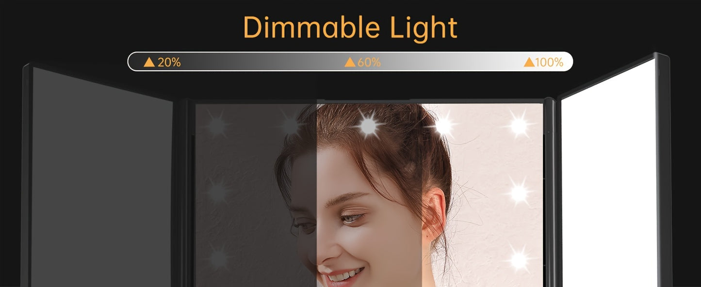 21 LED 2X/3X Magnification Trifold Vanity Makeup Mirror with Touch Dimming - 180° Rotation, Dual Power, Battery Powered, Wireless-Free - FUNTOUCH Lighted Beauty Table Mirror