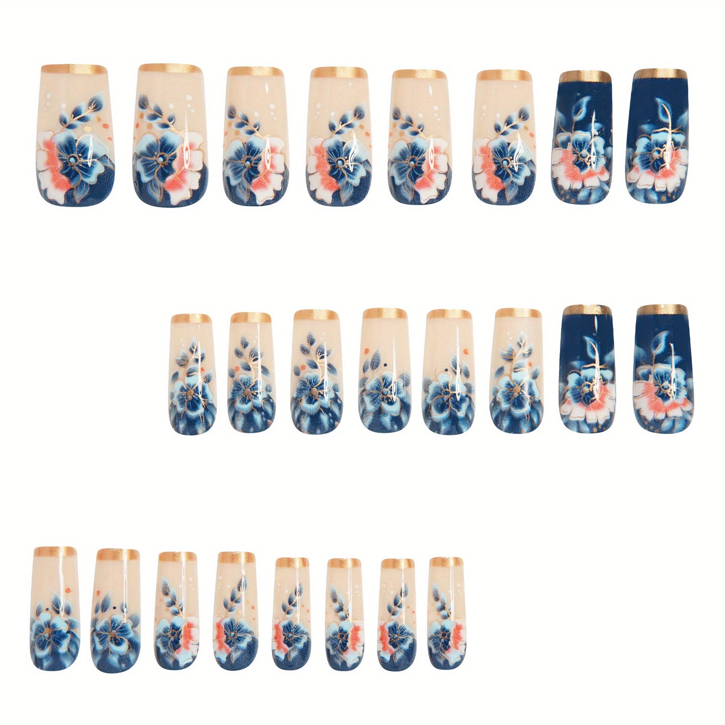 Enhance your beauty with 24pcs medium-length elegant blue gradient floral line dot Golden edge French glossy white fake nails, a versatile press-on nail set suitable for women and s' daily wear in spring and summer. Includes