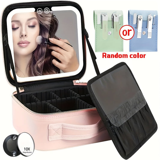 LED Lighted Makeup Bag with Mirror & 3-Color Adjustable Lighting - Rechargeable Travel Cosmetic Organizer Case with USB-Powered Vanity Mirror, Multiple Compartments & Soft Cushioning - Elegant Pink Beauty Tool Storage Box for