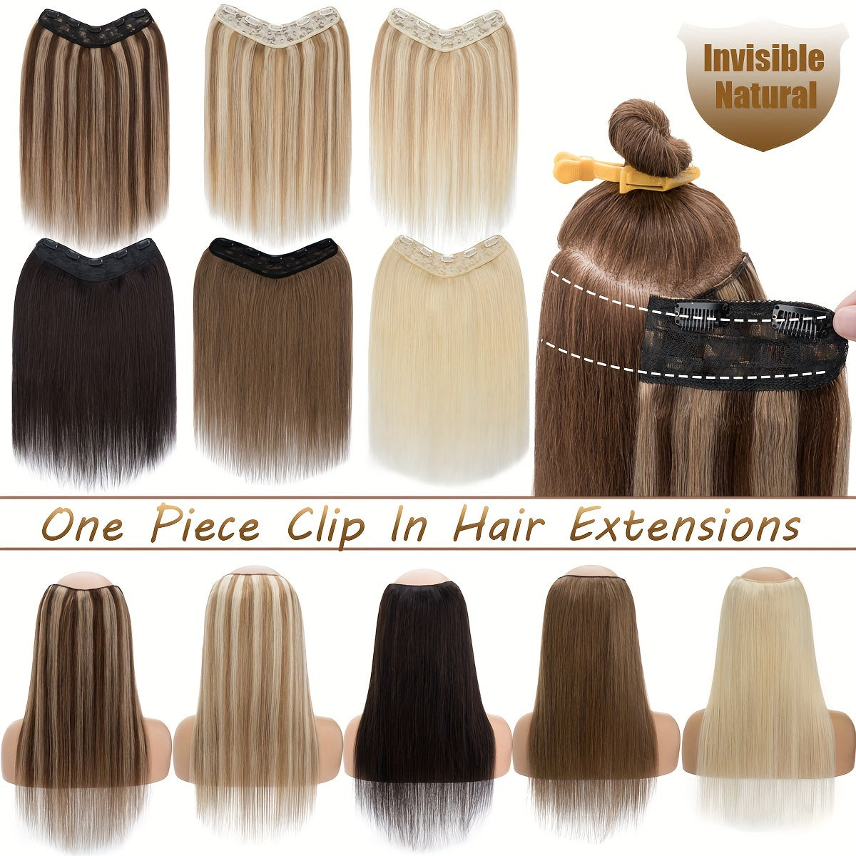 V-Shaped Real Remy Clip In Human Hair Extensions One Piece 3/4 Full Head Weft Straight Hair Human Hair With Seamless Weft Silky Straight For Women