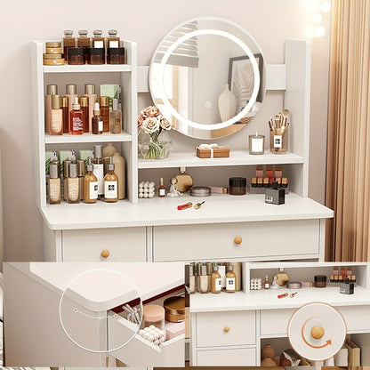 Radiant Glamour Vanity Desk - LED Mirror with Touch Screen Lighting, 3 Customizable Modes, Adjustable Brightness, Complete with Drawers & Storage Shelves for Effortless Beauty Routine, Perfect Bedroom Dressing Table