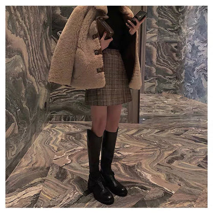 Plaid Woolen Skirt Autumn and Winter Women's Clothing High Waist A- line Skirt Woman Skirts Mujer Faldas Saias Mulher