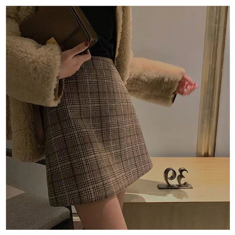 Plaid Woolen Skirt Autumn and Winter Women's Clothing High Waist A- line Skirt Woman Skirts Mujer Faldas Saias Mulher