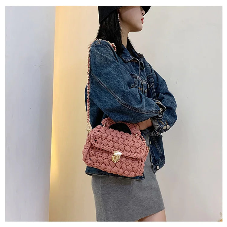 Women's Hand-Woven Bag Crochet Homemade Graceful Strip Thread Handbag Women's Shoulder/Crossbody Bag