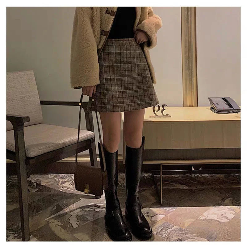 Plaid Woolen Skirt Autumn and Winter Women's Clothing High Waist A- line Skirt Woman Skirts Mujer Faldas Saias Mulher