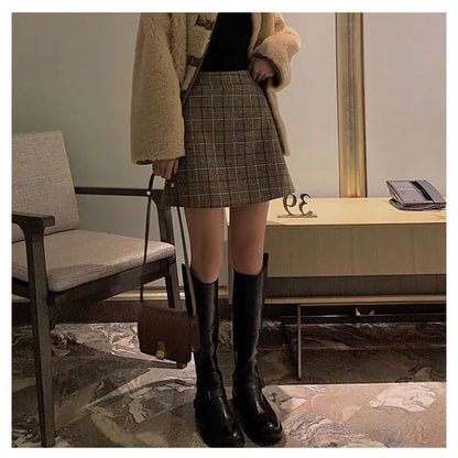Plaid Woolen Skirt Autumn and Winter Women's Clothing High Waist A- line Skirt Woman Skirts Mujer Faldas Saias Mulher