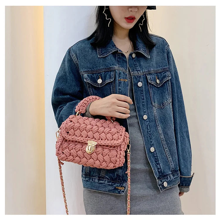 Women's Hand-Woven Bag Crochet Homemade Graceful Strip Thread Handbag Women's Shoulder/Crossbody Bag