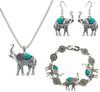 Retro Turquoise Elephant Jewelry Set (Three Pieces)