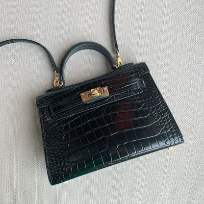 Genuine Leather Crossbody Bag with Crocodile Pattern