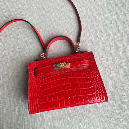 Genuine Leather Crossbody Bag with Crocodile Pattern