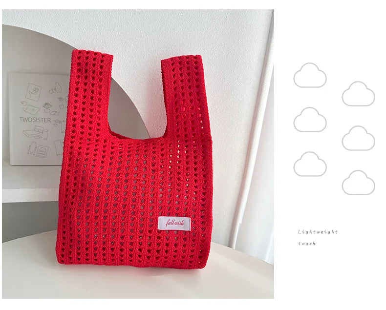 Handmade Knit Handbag Women Mini Knot Wrist-bag Female Casual Color Wide Stripe Plaid Tote Bag Student Reusable Shopping Bag