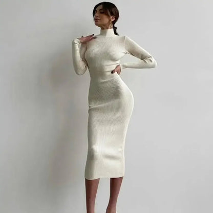Women Knitted Dress Elegant Fashion White Turtleneck Bodycon Midi Dresses Female Autumn Winter Long Sleeve Slim Streetwear Dress