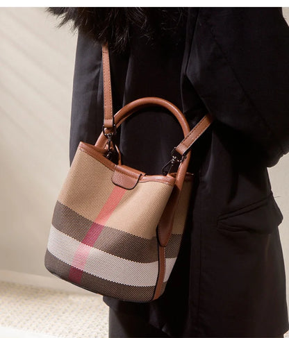 Plaid Pattern Handbag Bucket Tote for Women, Fashionable and Versatile for Commuting, Can Be Worn as a Shoulder or Crossbody Bag