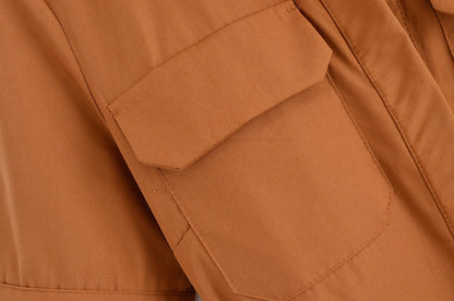 HH Woman Dresses Solid Turn-Down Collar Short Sleeve Pockets Bow Lace-Up Single-Breasted Female Fashion Long Dress 7 Color