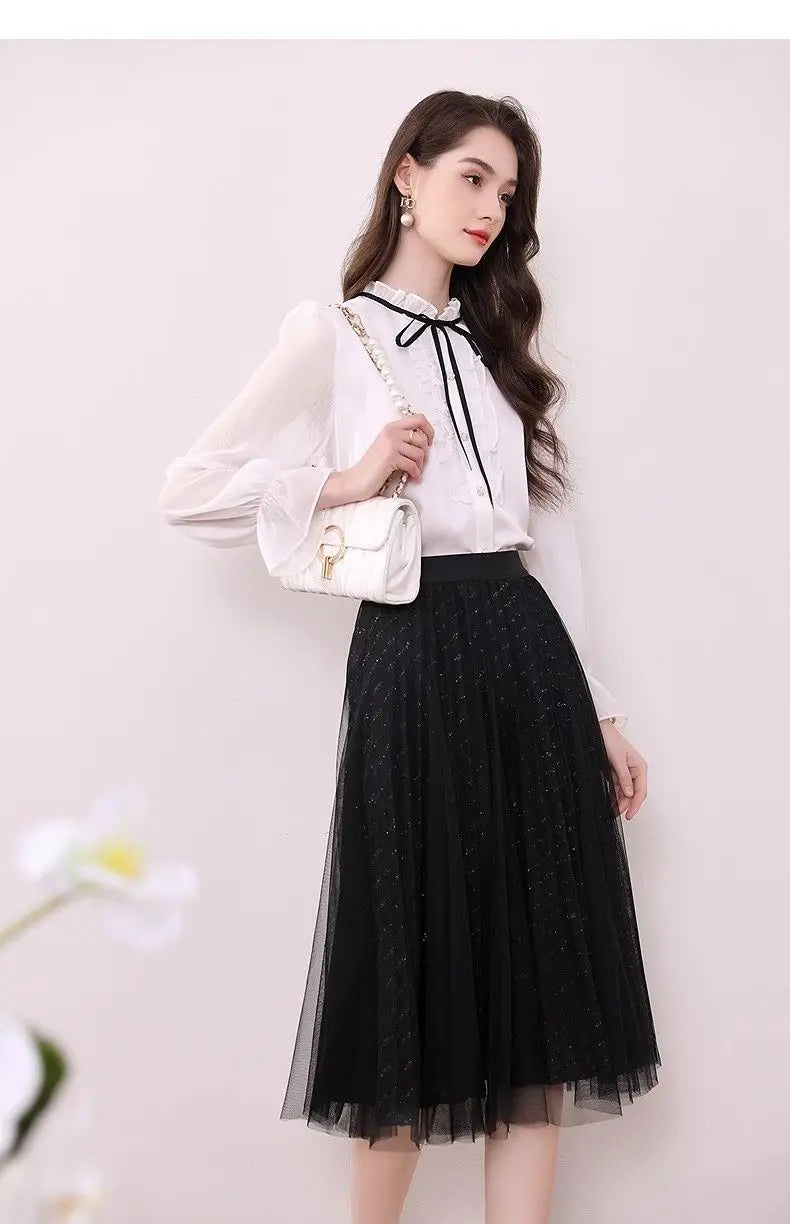 Women's Clothing Long-sleeved Chiffon Shirt Stand-up Collar French Tie High-end New Style Shirt Lace-up Top