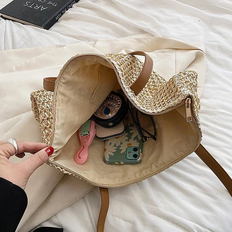 Hand-woven Women's Shoulder Handbag Bohemian Fashion Straw Beach Tote Bag Travel Shopper Weaving Shopping Bags