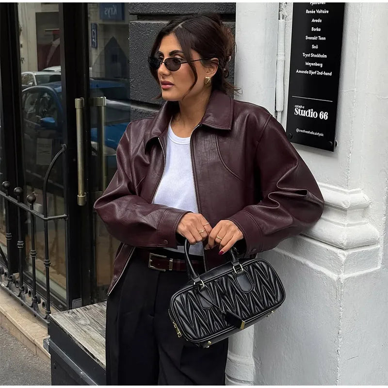 Ladies' burgundy PU leather short jacket fashionable autumn lapel jacket zipper high street loose leather jacket