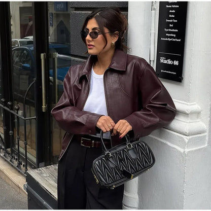 Ladies' burgundy PU leather short jacket fashionable autumn lapel jacket zipper high street loose leather jacket
