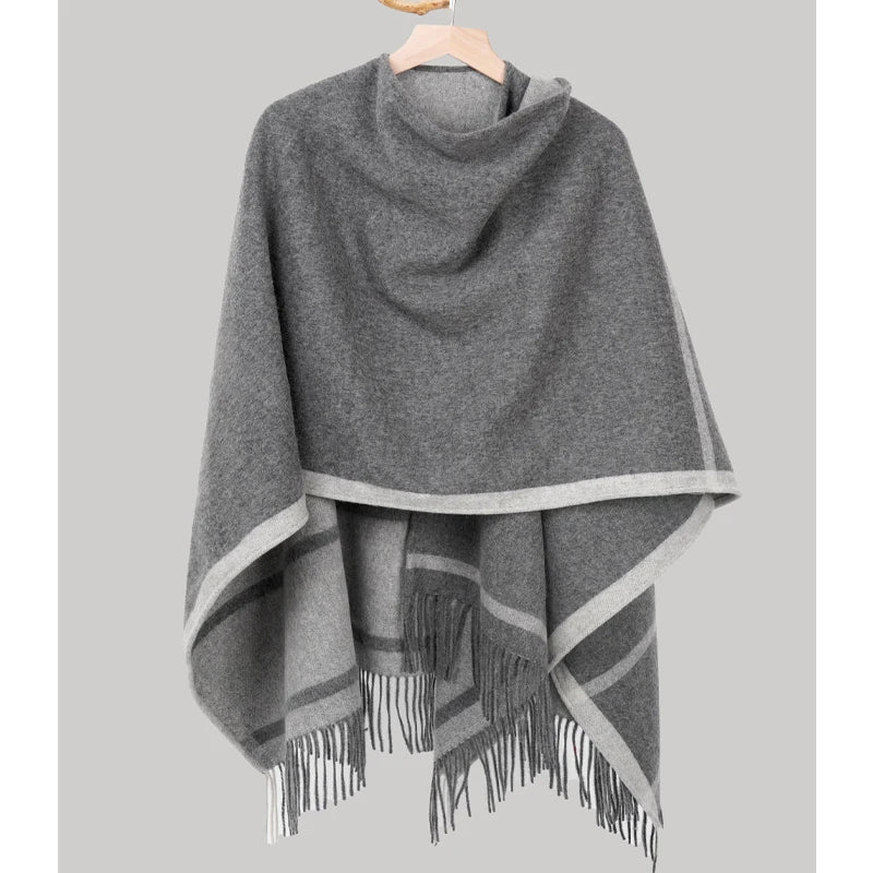Fashion Clock Women Shawl Sweater 100% Wool Shawl Warm Female Mixed-use Cloak Autumn Winter Scarf French Tassel Cozy Wrap Clothi