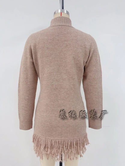 Knitted Dresses 2025 Woman High Neck Vestidos Tassel Sweater Pulls Femmes Keep Warm Homewear Solid Color Temperament Commuting