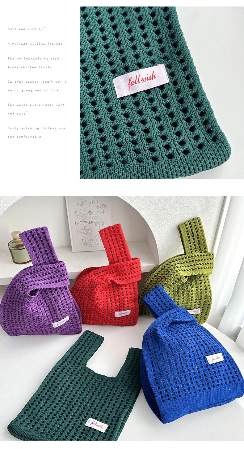 Handmade Knit Handbag Women Mini Knot Wrist-bag Female Casual Color Wide Stripe Plaid Tote Bag Student Reusable Shopping Bag