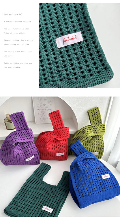 Handmade Knit Handbag Women Mini Knot Wrist-bag Female Casual Color Wide Stripe Plaid Tote Bag Student Reusable Shopping Bag