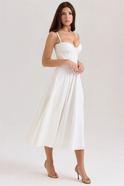 Women Dress 2025 New Fashion Summer Vintage White Lace-Panelled Cotton Dresses for Women Elegance Chic Ladies Midi Dress