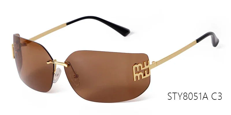 Luxury Metal Rimless Sunglasses Women Brand Design Rivets Letter Rectangle Curved Shades Funky Classic Sun Glasses Female