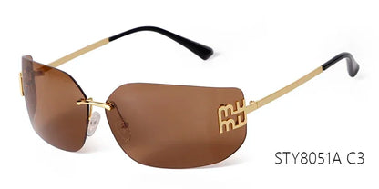 Luxury Metal Rimless Sunglasses Women Brand Design Rivets Letter Rectangle Curved Shades Funky Classic Sun Glasses Female