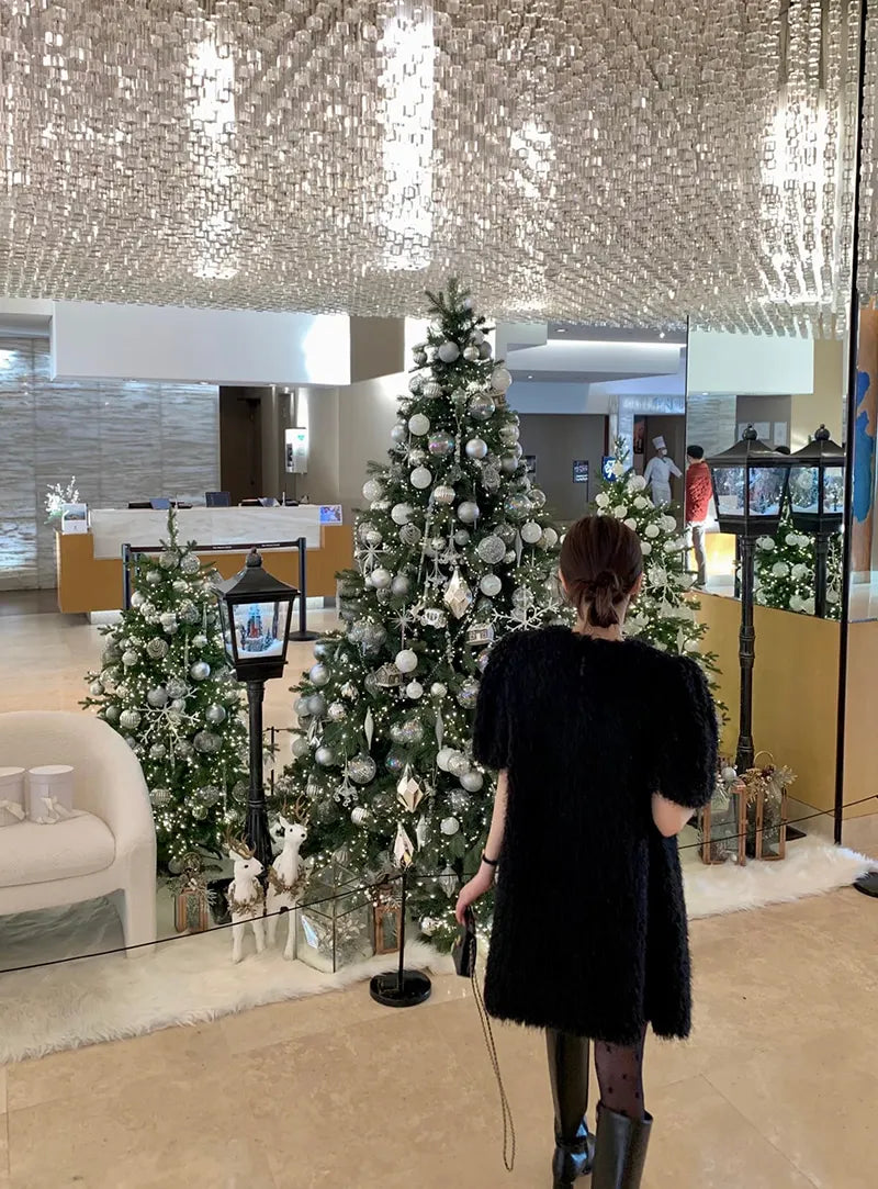 Clothland Women Elegant White Black Fur Dress V Neck Short Sleeve A Line Party Event Club Mini Dresses Vestido QD305