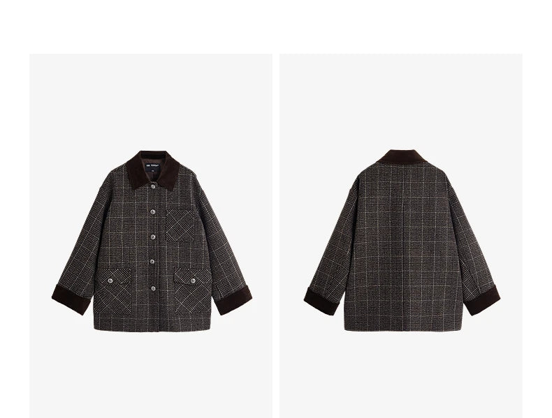 TOYOUTH Women Coat 2025 Winter New 100% Sheep Wool Corduroy Plaid Patterned Patchwork Woolen Coat