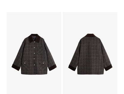 TOYOUTH Women Coat 2025 Winter New 100% Sheep Wool Corduroy Plaid Patterned Patchwork Woolen Coat