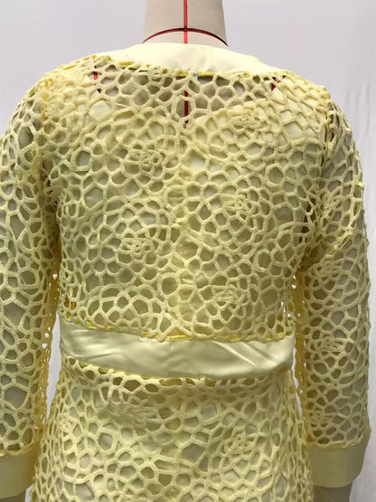 Wein Lace Cardigan Dress with Two Coats Lady Female Woman Skirt Dresses Coat Set Suit Hollow Out Cotton and Linen Formal Office