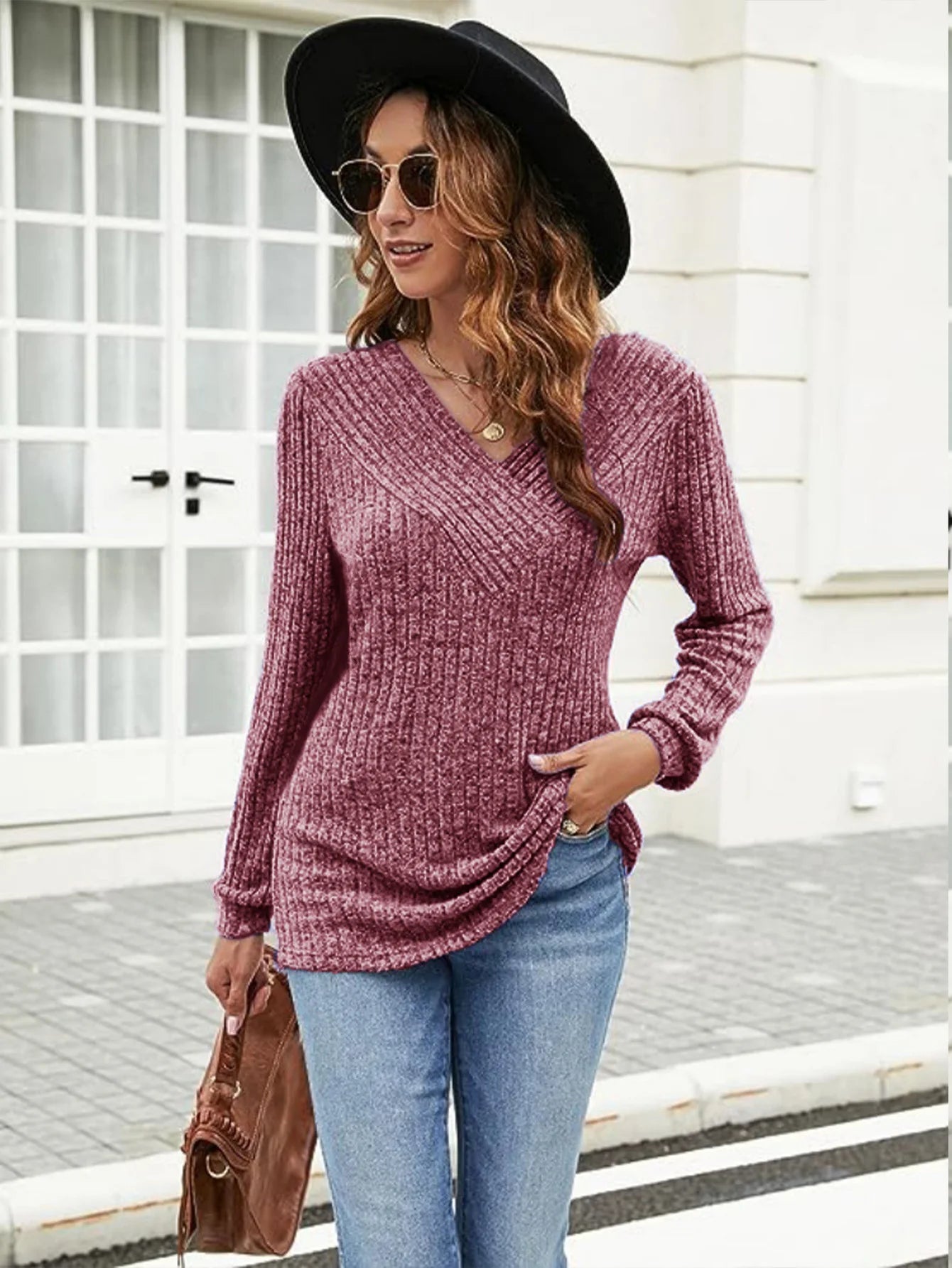 Woman Clothes V Neck Ribbed Knit Sweater Long Sleeve Loose Fit Casual Pullover Tops with Multiple Colors