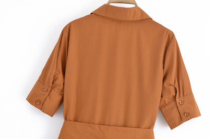 HH Woman Dresses Solid Turn-Down Collar Short Sleeve Pockets Bow Lace-Up Single-Breasted Female Fashion Long Dress 7 Color