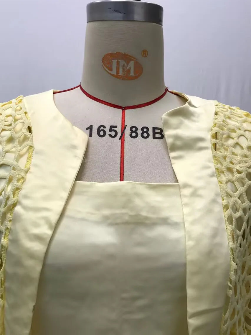 Wein Lace Cardigan Dress with Two Coats Lady Female Woman Skirt Dresses Coat Set Suit Hollow Out Cotton and Linen Formal Office