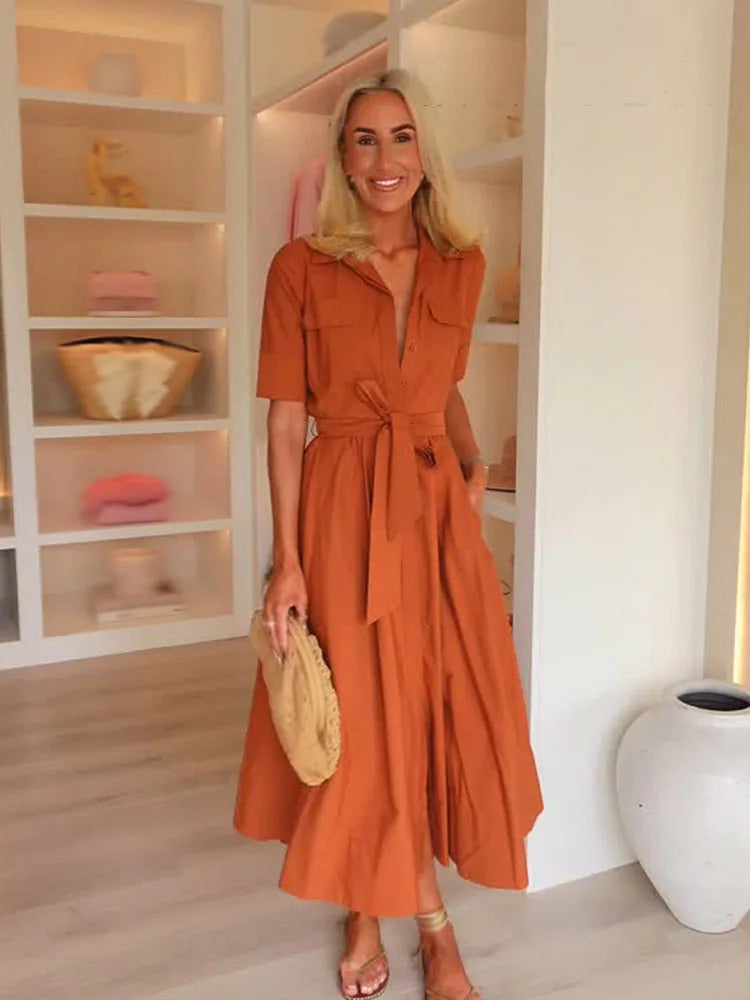 HH Woman Dresses Solid Turn-Down Collar Short Sleeve Pockets Bow Lace-Up Single-Breasted Female Fashion Long Dress 7 Color