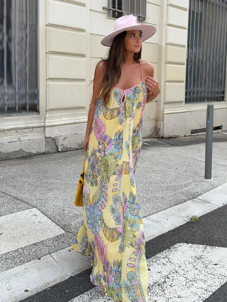 HH 2025 Woman's Summer Fashion V-neck Printed Sleeveless Dress Female Elegant Pleated Sexy Backless Casual Midi Long Dress