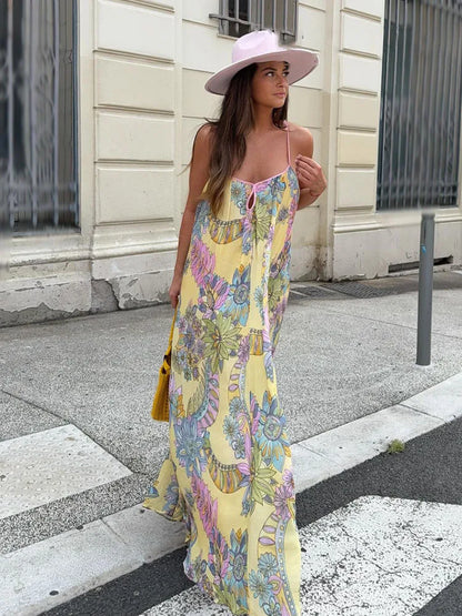 HH 2025 Woman's Summer Fashion V-neck Printed Sleeveless Dress Female Elegant Pleated Sexy Backless Casual Midi Long Dress